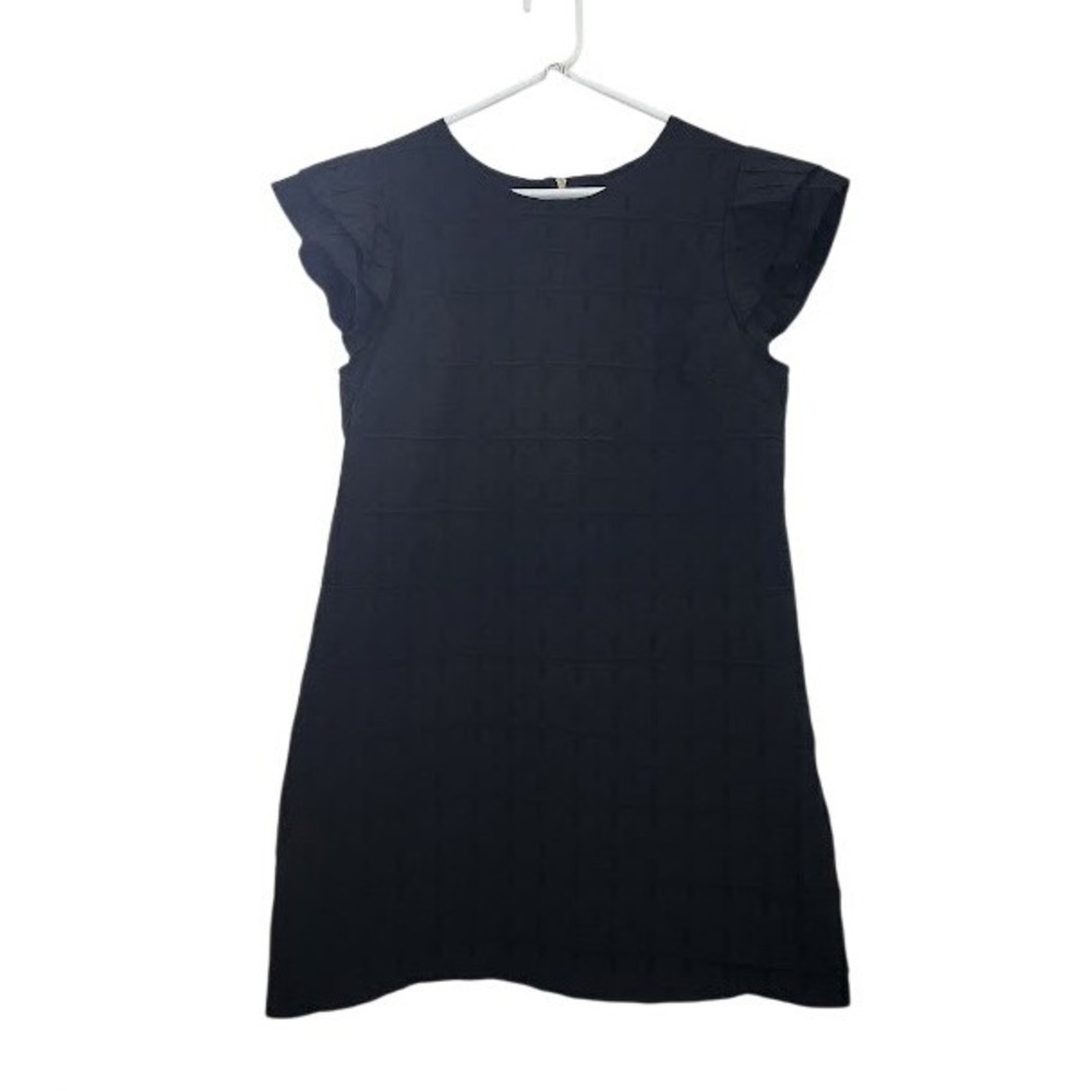 Ces Femme Black Textured Grid Shift Dress Ruffle Flutter Sleeve Size Med 430